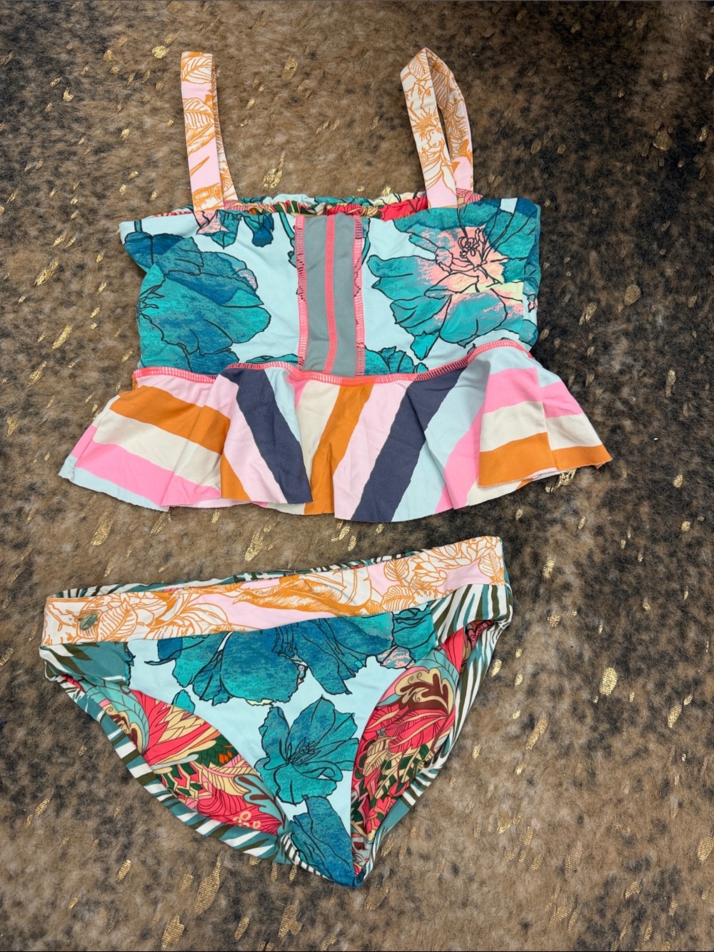 Matilda Jane Girls Floral & Stripe Two-Piece Swim Set in Teal and Pink | size 8